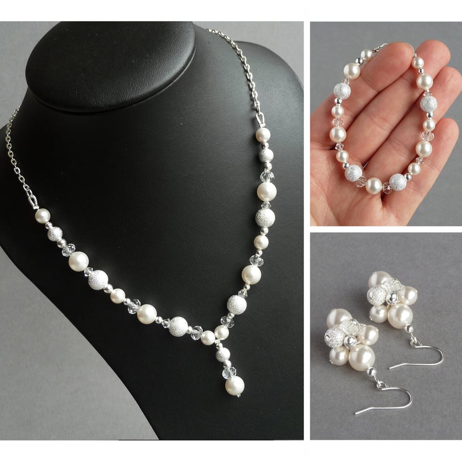 White Pearl Stardust Jewellery Set - Y Necklace, Bracelet and Drop Earrings