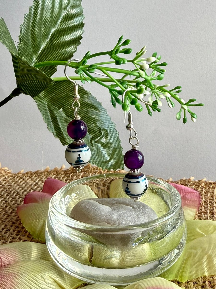 Purple Amethyst  And Glass Buddha Bead Earrings