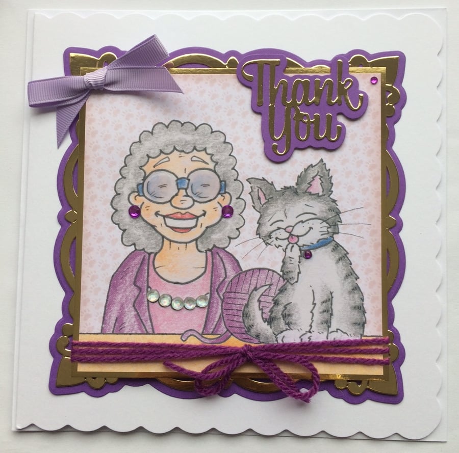 Thank You Card Knitting Crochet Mum Grandma Granny Senior Lady Cat