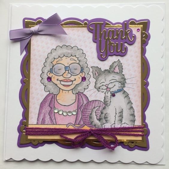 Thank You Card Knitting Crochet Mum Grandma Granny Senior Lady Cat