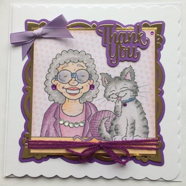 Thank You Card Knitting Crochet Mum Grandma Granny Senior Lady Cat