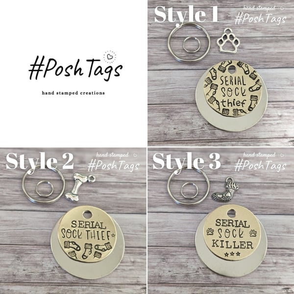 Serial sock thief killer funny tag- 3 sizes, different colour options - cat dog 