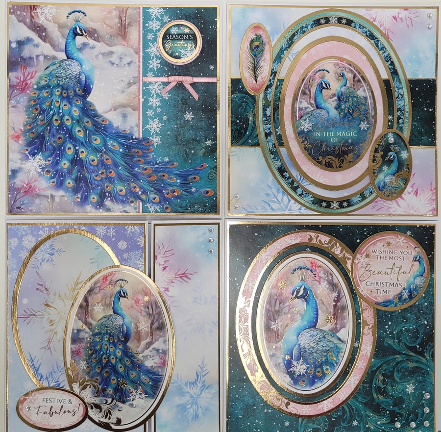 Set of 4 Elegant Christmas Cards - Peacock Themed - 6x6 Inches