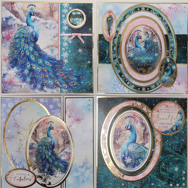 Set of 4 Elegant Christmas Cards - Peacock Themed - 6x6 Inches