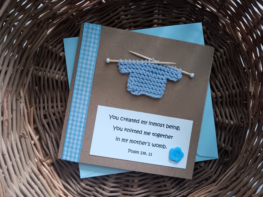 Birth Christening Dedication Card with Psalm 139 and Blue Knitted Jumper 5" x 5"