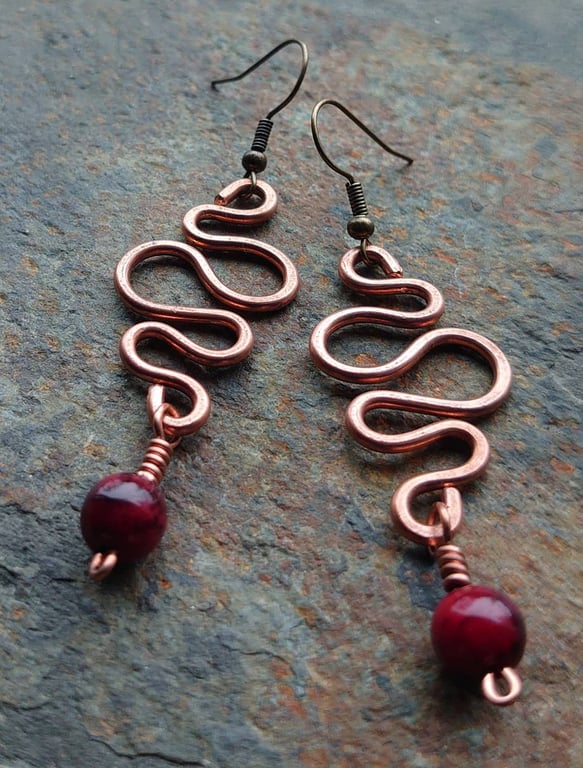 Copper and red bead squiggle earrings