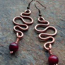 Copper and red bead squiggle earrings