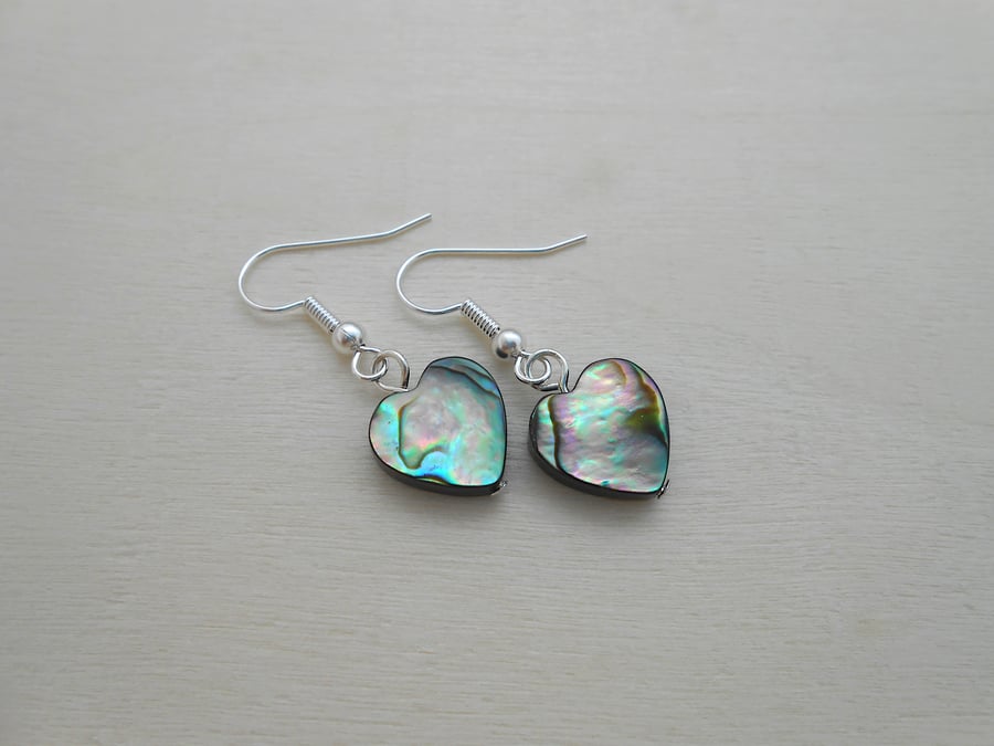 Abalone heart drop earrings in silver plate.  