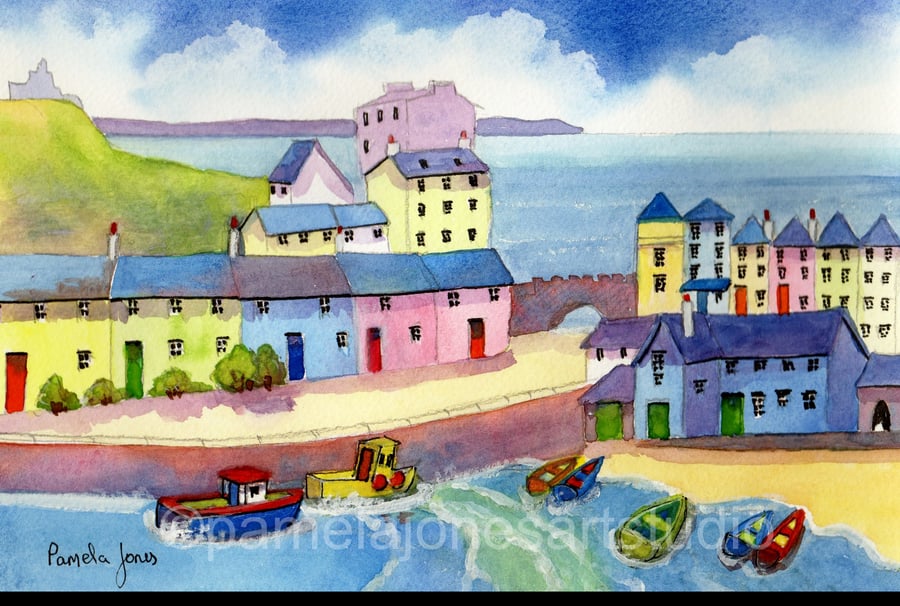 Tenby Harbour, Pembrokeshire, Original Watercolour in 14 x 11'' Mount