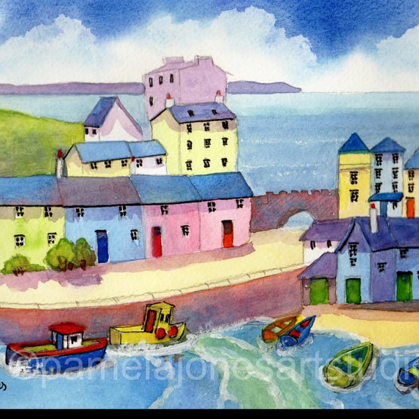 Tenby Harbour, Pembrokeshire, Original Watercolour in 14 x 11'' Mount
