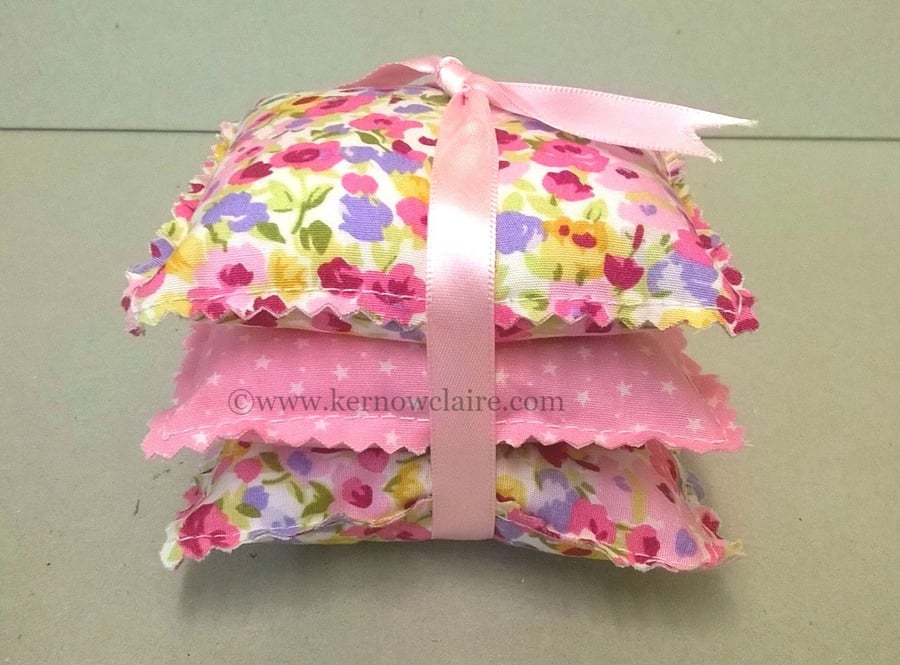 Lavender bags in pink and lilac, set of three, lovely gift for her