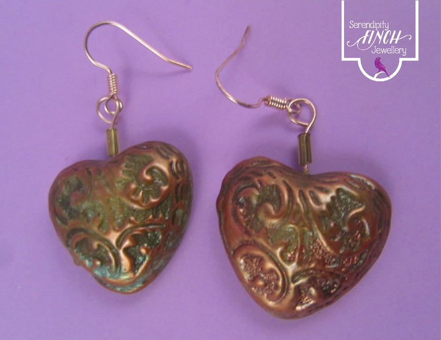 Green Gold Heart Earrings with Jewel Enamel