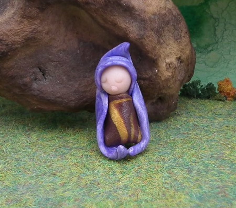 Baby Gnome in a petal crib 'Dill' OOAK Sculpt by Ann Galvin