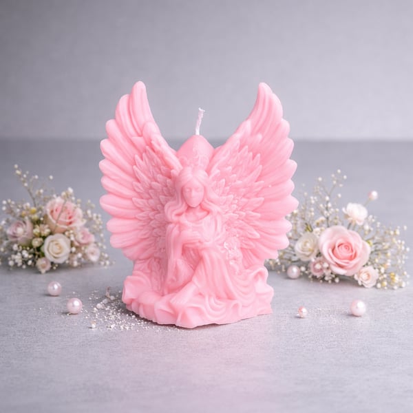 Handmade Pink Angel Figurine Candle - Organic Soy Wax - Scented