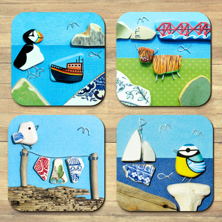 Coaster Set x4 Seaside Pebble Art from Scotland - Puffin, Seagull, Highland Cow