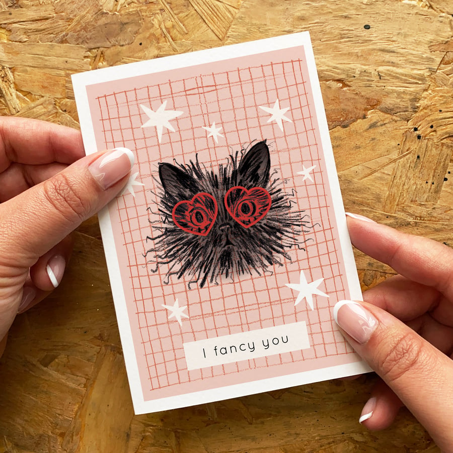 Black Cat Valentine's Day Card - I Fancy You Card - Cat Valentine