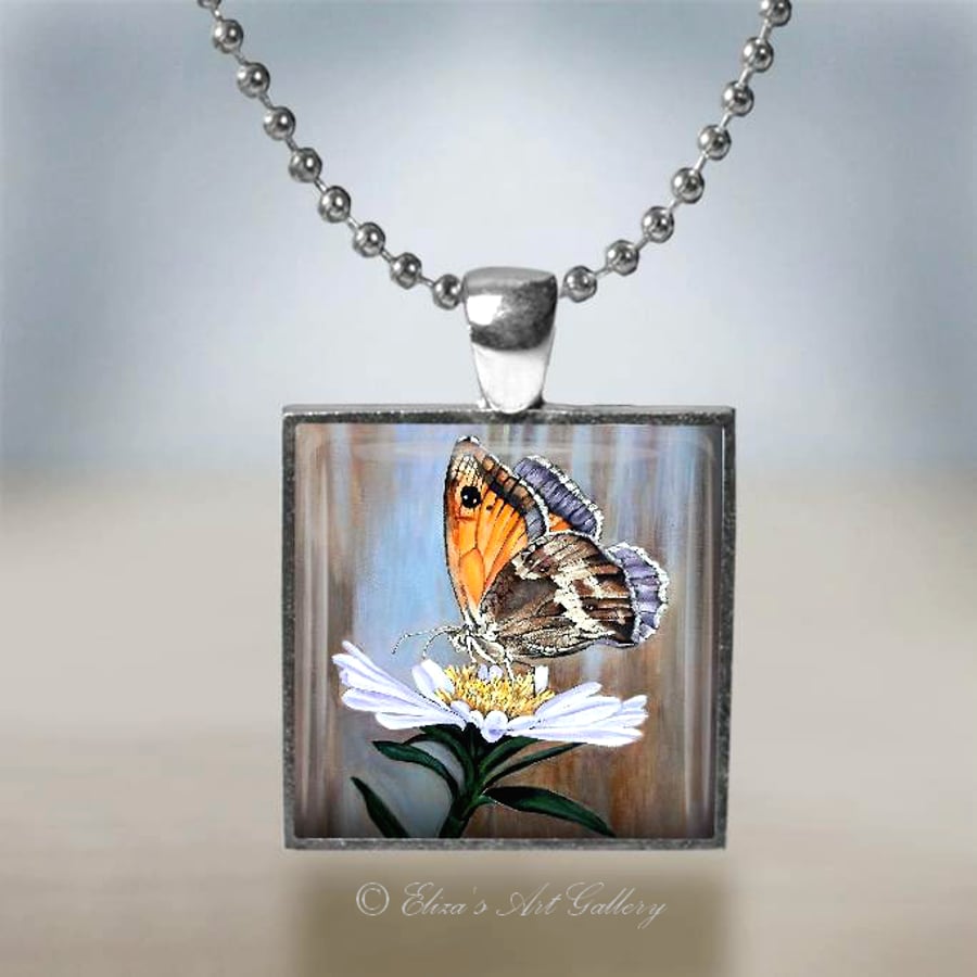 Silver Plated Meadow Brown Butterfly Art Pendant Necklace