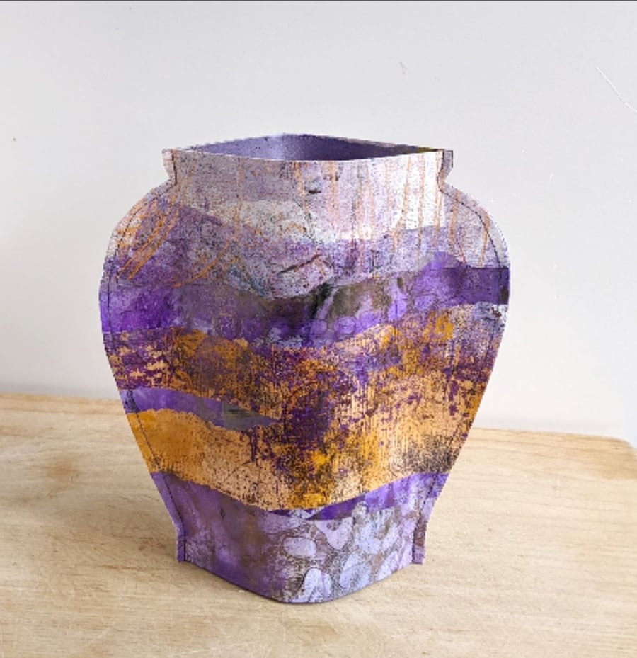 Paper vase cover, purples and gold abstract design