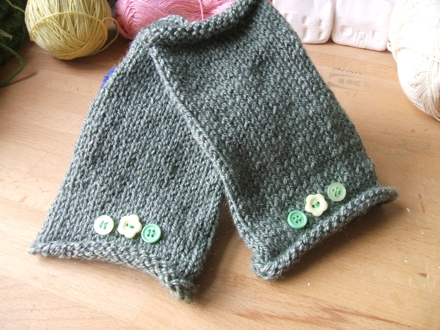 Pair of hand knitted wrist warmers or fingerless gloves - green with buttons