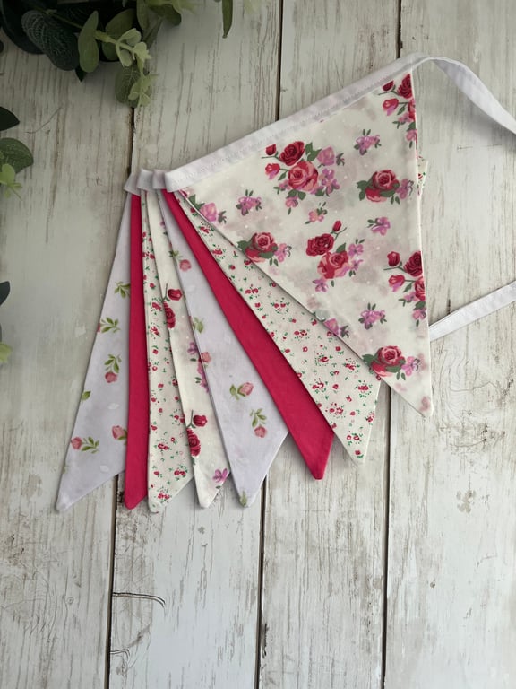 Handmade Fabric Bunting: 8 Flags in Pink & White Florals & Plain Fabric