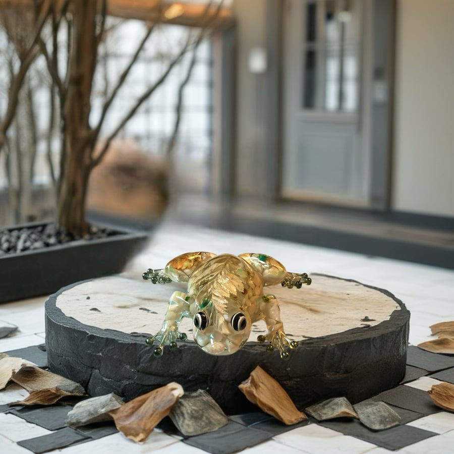 Botanical Resin Frog – Handmade Frog Ornament with Flowers, Leaves & Stones