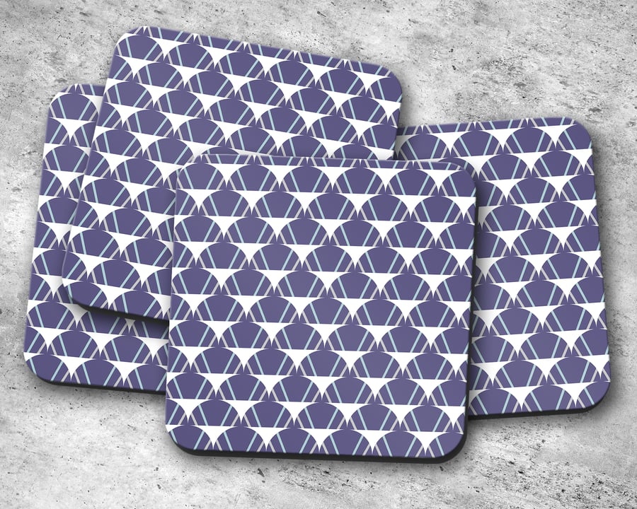 Set of 4 Purple with White and Pale Blue Geometric Design Coasters