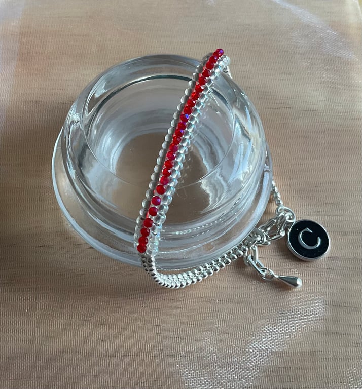 Handmade Sparkly Ruby Red  Beaded Bracelet -Personalise with initial charm