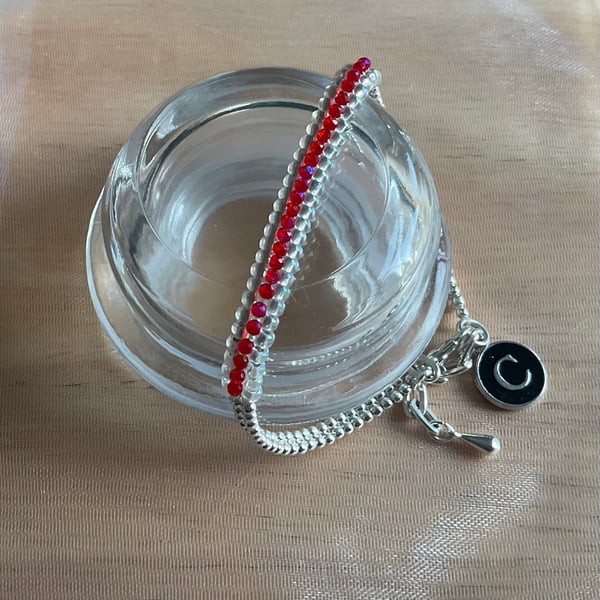 Handmade Sparkly Ruby Red  Beaded Bracelet -Personalise with initial charm