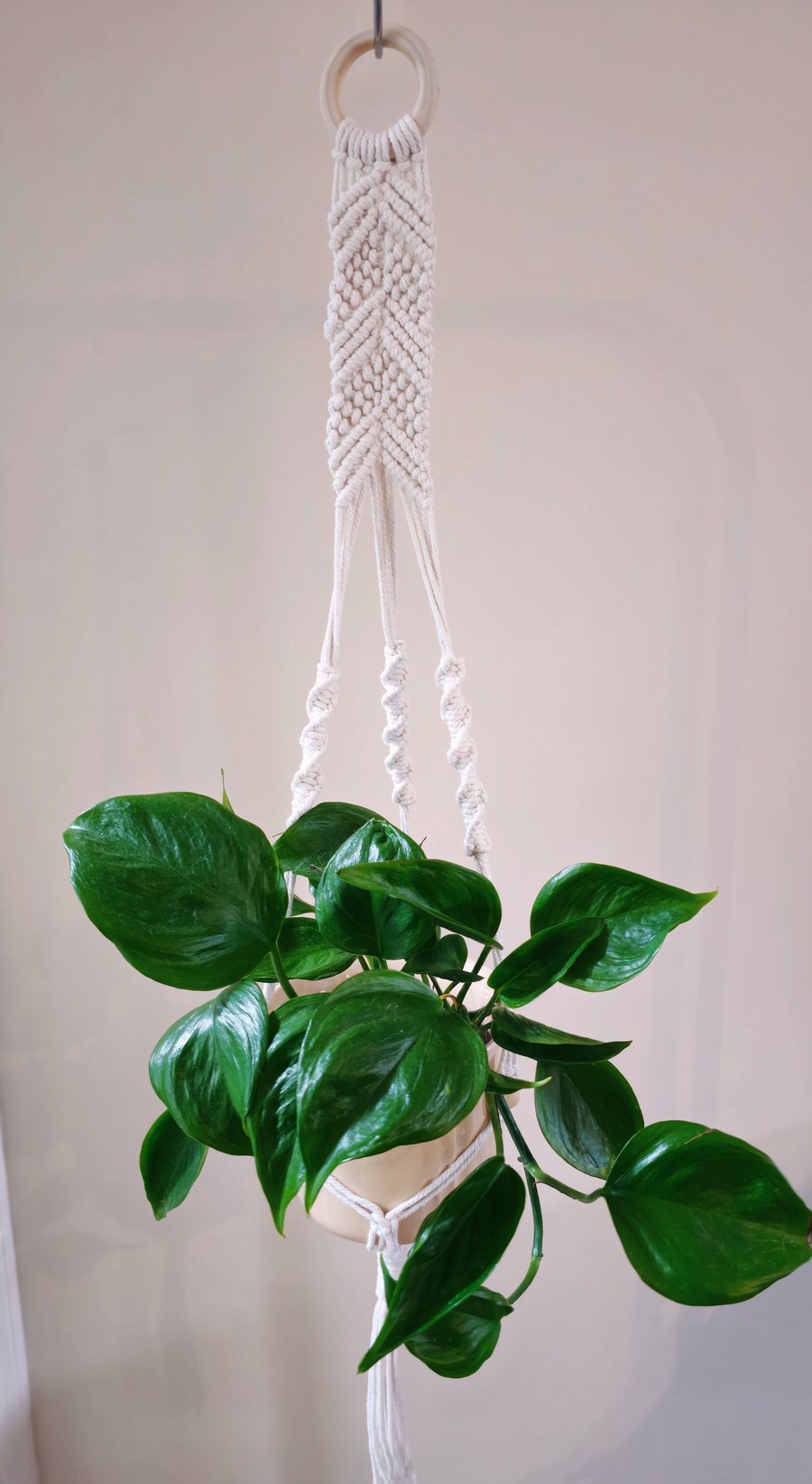 Macramé Plant Hanger with Wooden Beads & Ring  80cm  Boho Home Décor
