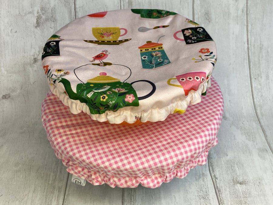 Reusable bowl covers - set of two. Teapots and gingham.