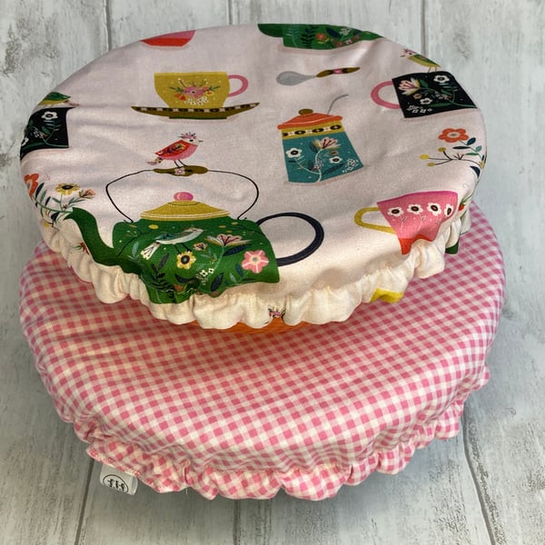 Reusable bowl covers - set of two. Teapots and gingham.