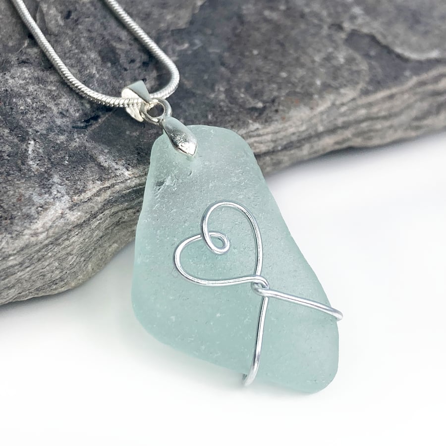 Sea Glass Pendant - Green Heart Necklace. Scottish Silver Wire Wrapped Jewellery