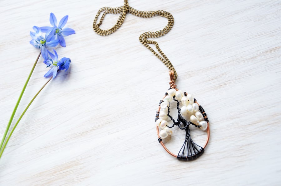 Tree of life pendant, White pearl necklace, Freshwater pearls