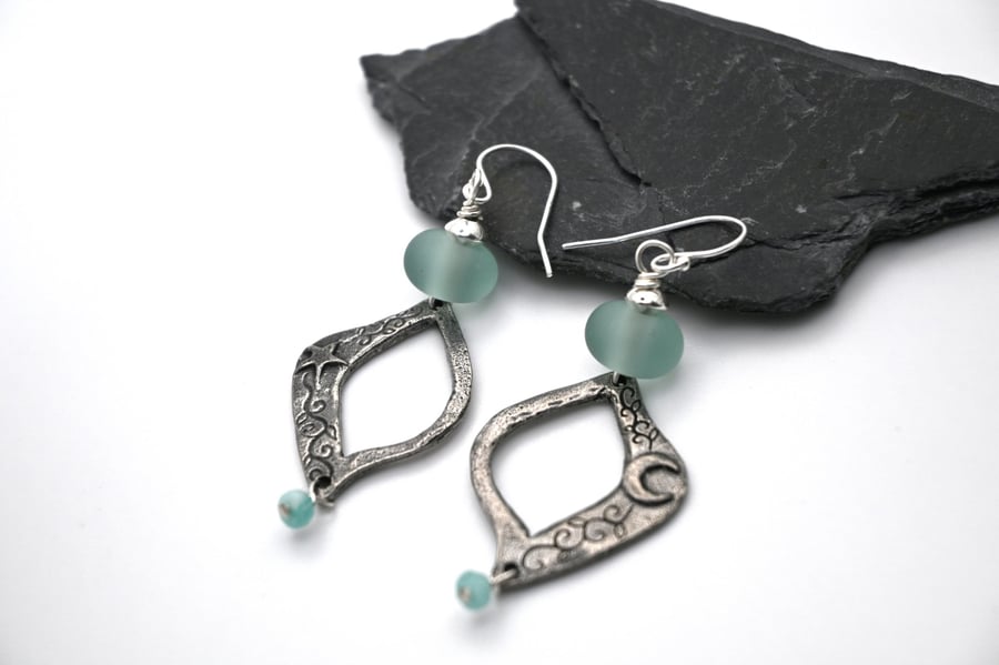 Aqua glass and pewter moon and star earrings