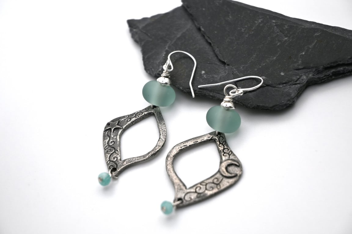 Aqua glass and pewter moon and star earrings