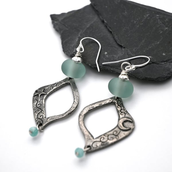 Aqua glass and pewter moon and star earrings