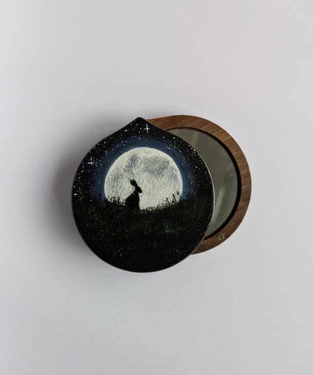 Hand Painted Wooden Compact Mirror, Hare and Moon
