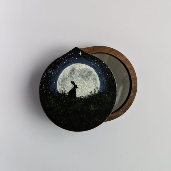 Hand Painted Wooden Compact Mirror, Hare and Moon