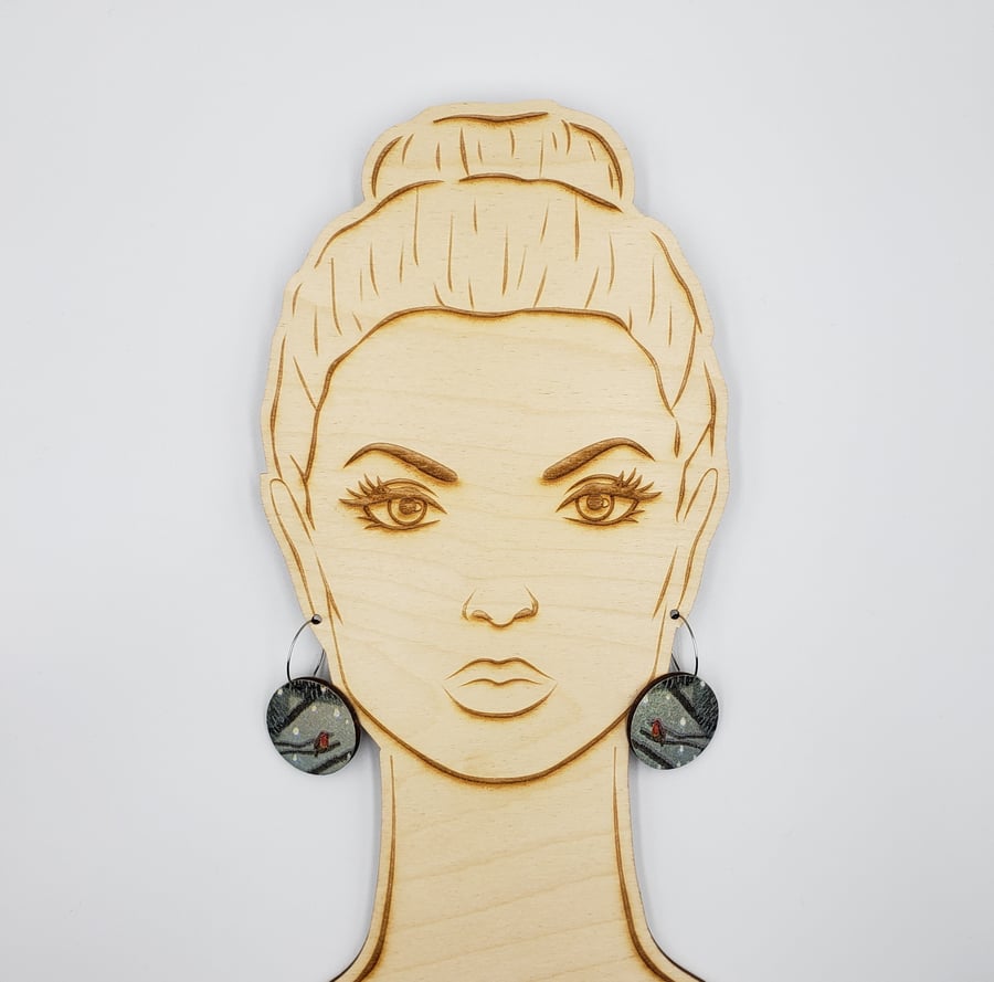 Small red robin woodland christmas snowy hooped earrings