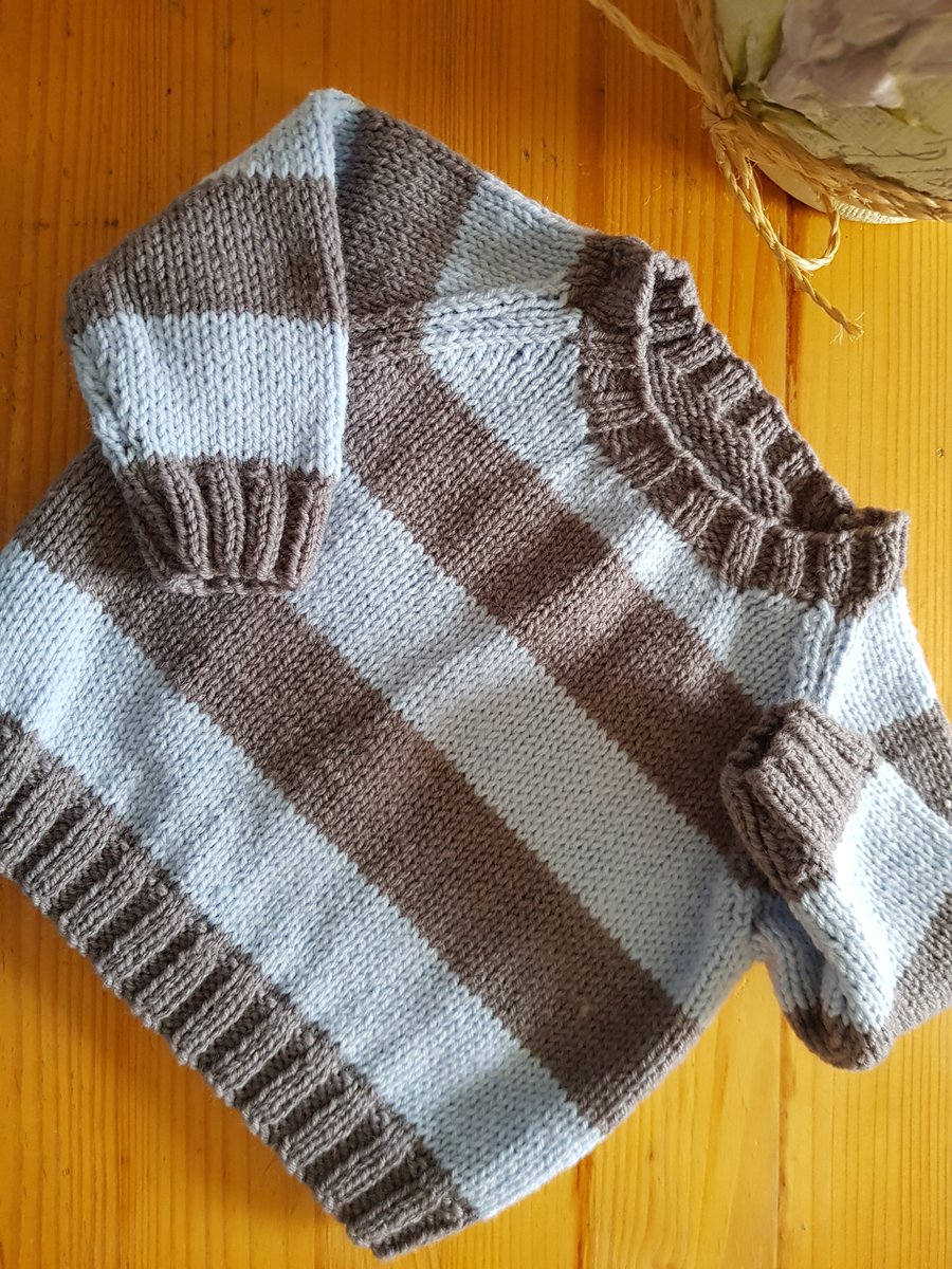 Hand Knitted Baby Blue and Grey Striped Jumper 6-12 months