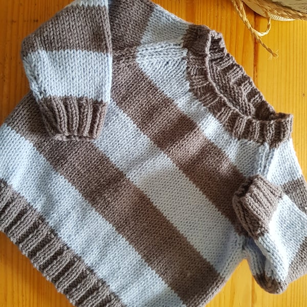 Hand Knitted Baby Blue and Grey Striped Jumper 6-12 months