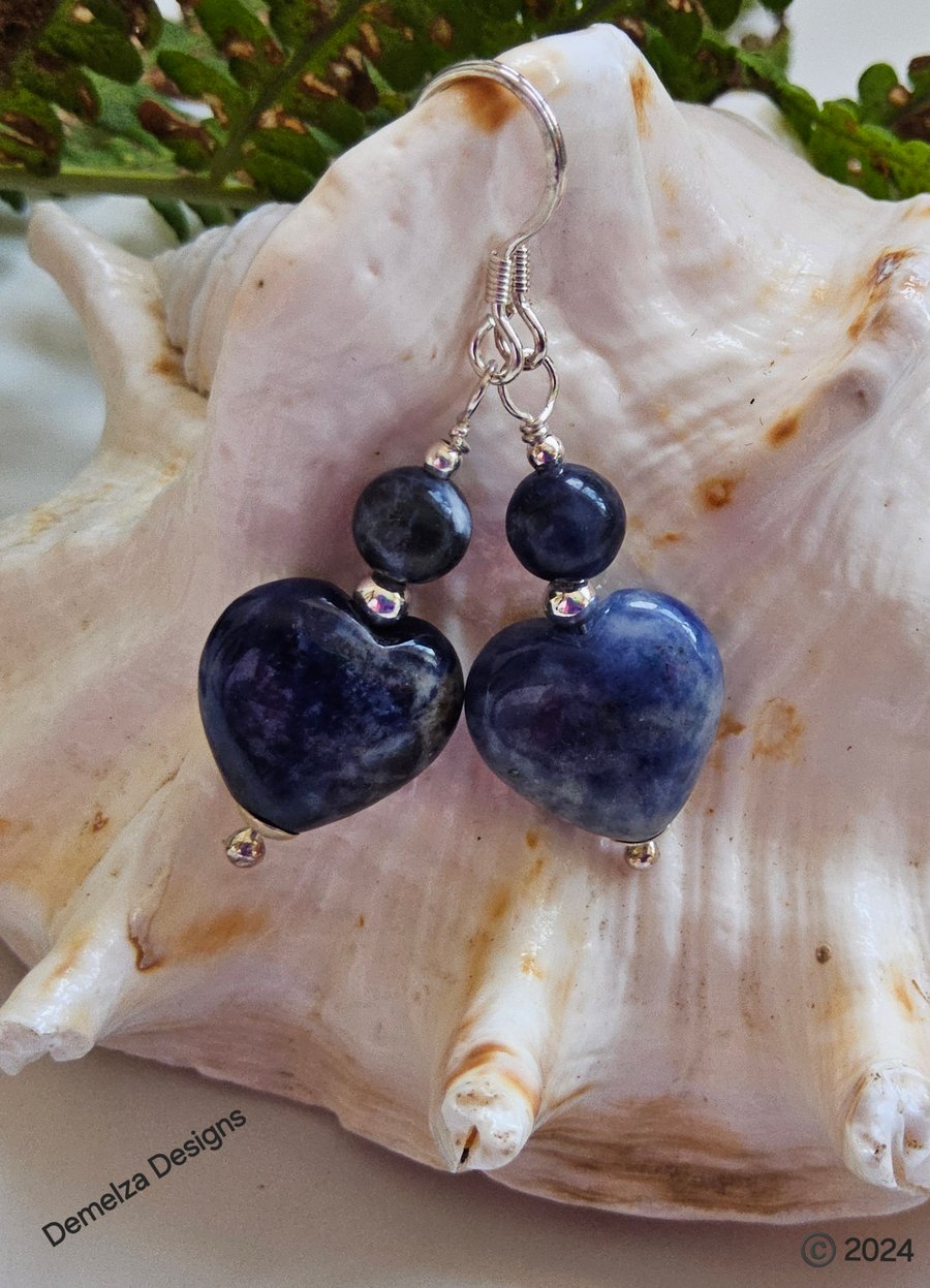 Blue Sodalite Heart Sterling Silver Earrings