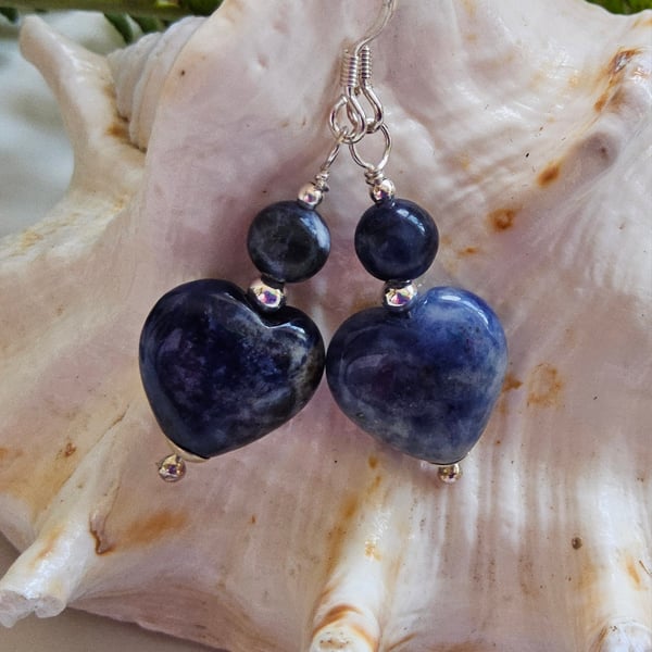 Blue Sodalite Heart Sterling Silver Earrings