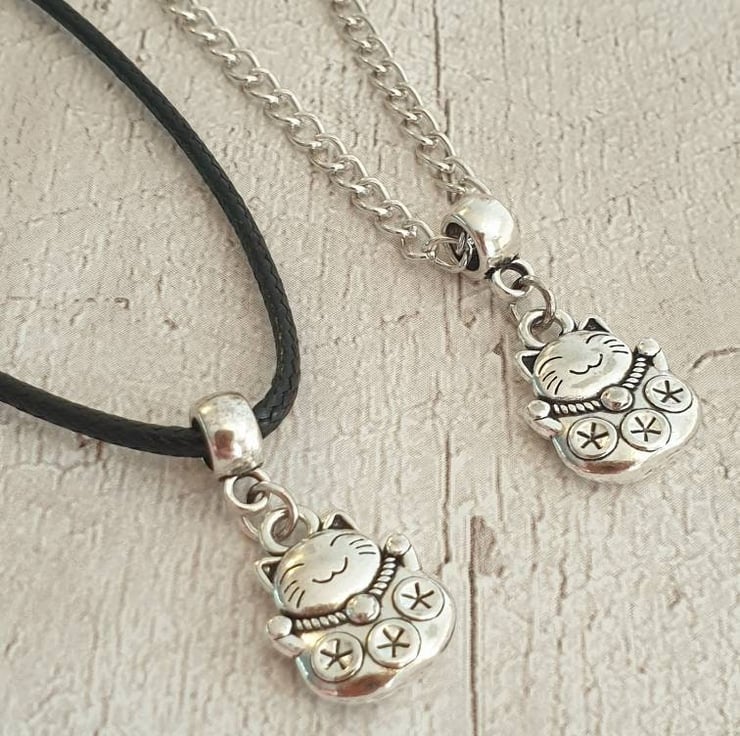 Antique Silver Chinese Lucky Cat Charm Necklace Silver Plated Waxed Cord