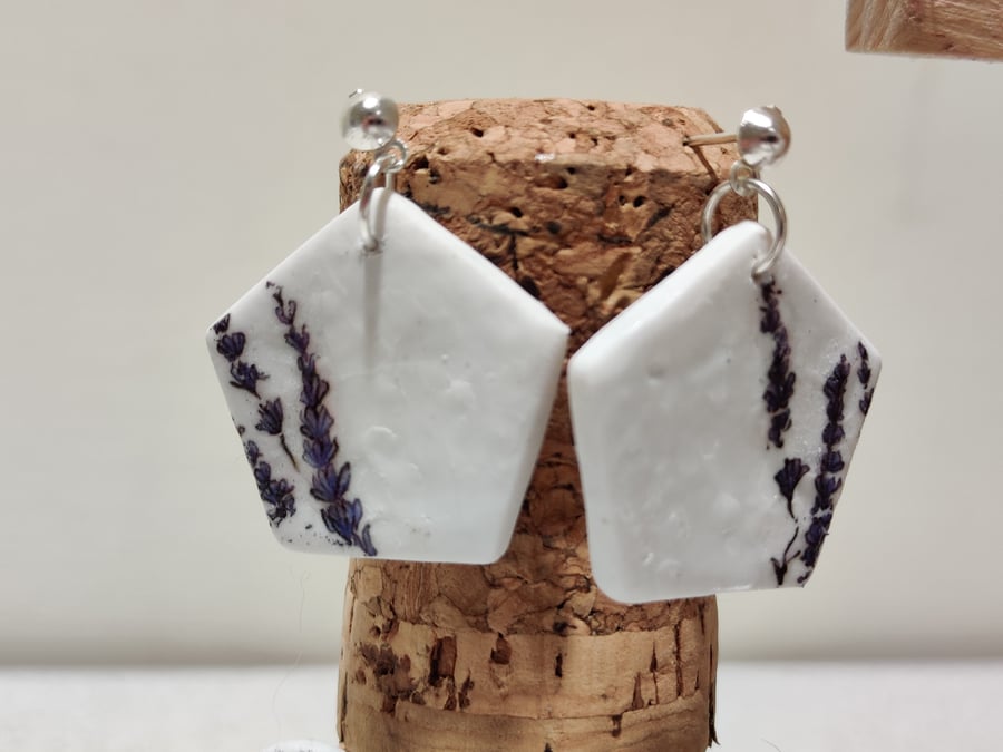 Seconds! Hexagon lavender transfer polymer clay earrings