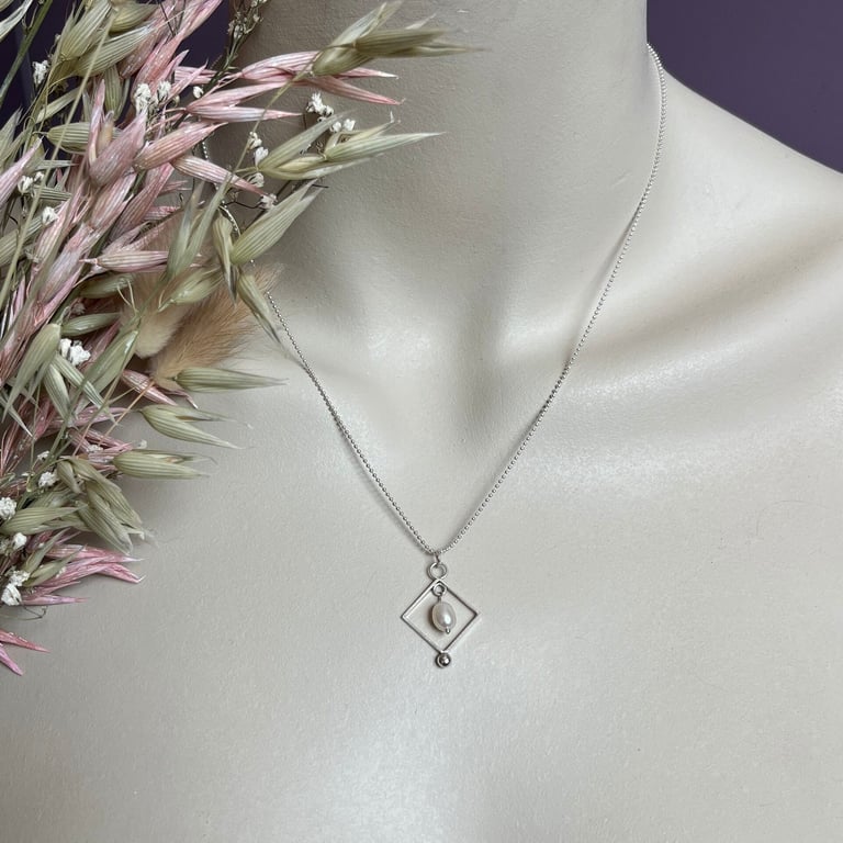 Silver Square & Pearl Pendant on 18" Ball Chain - Handmade