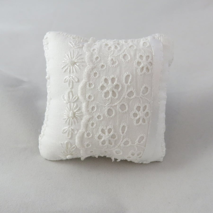 White Lace pincushion from vintage linens