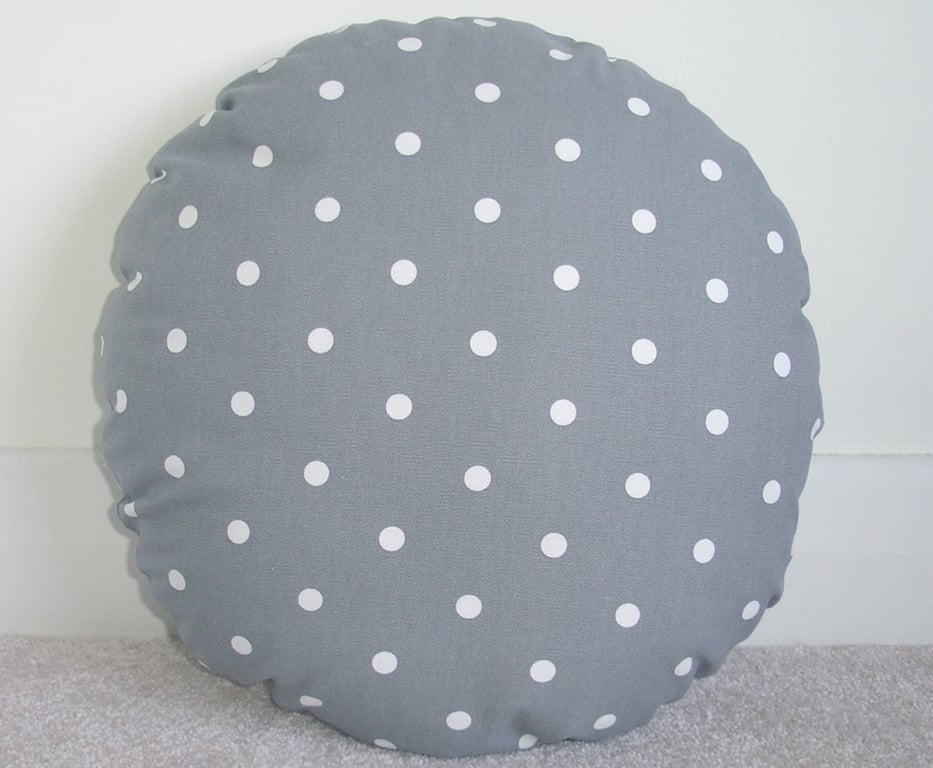 Round Cushion Cover 16 inch Polka Dot Grey and White Spots Dots