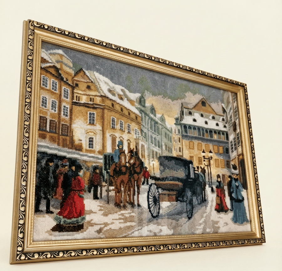 Handmade Embroidery Picture - Nostalgic Snowy London - Unique Hand-Stitched 