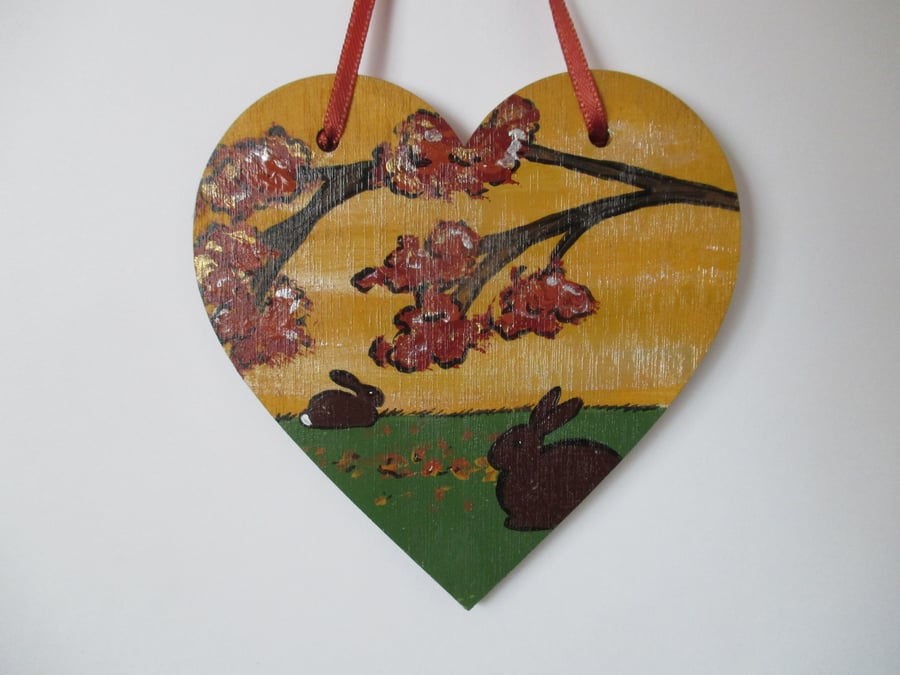 Bunny Rabbit Autumn Hanging Wooden Heart Decorations Wood Hand Painted Picture 4